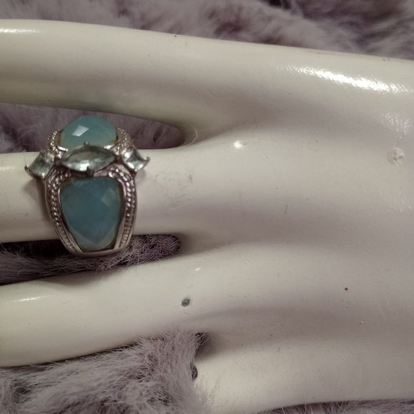 .925 sterling silver blue faceted enamel & marquis cut cubic zirconia ring sz 6 - Picture 3 of 8